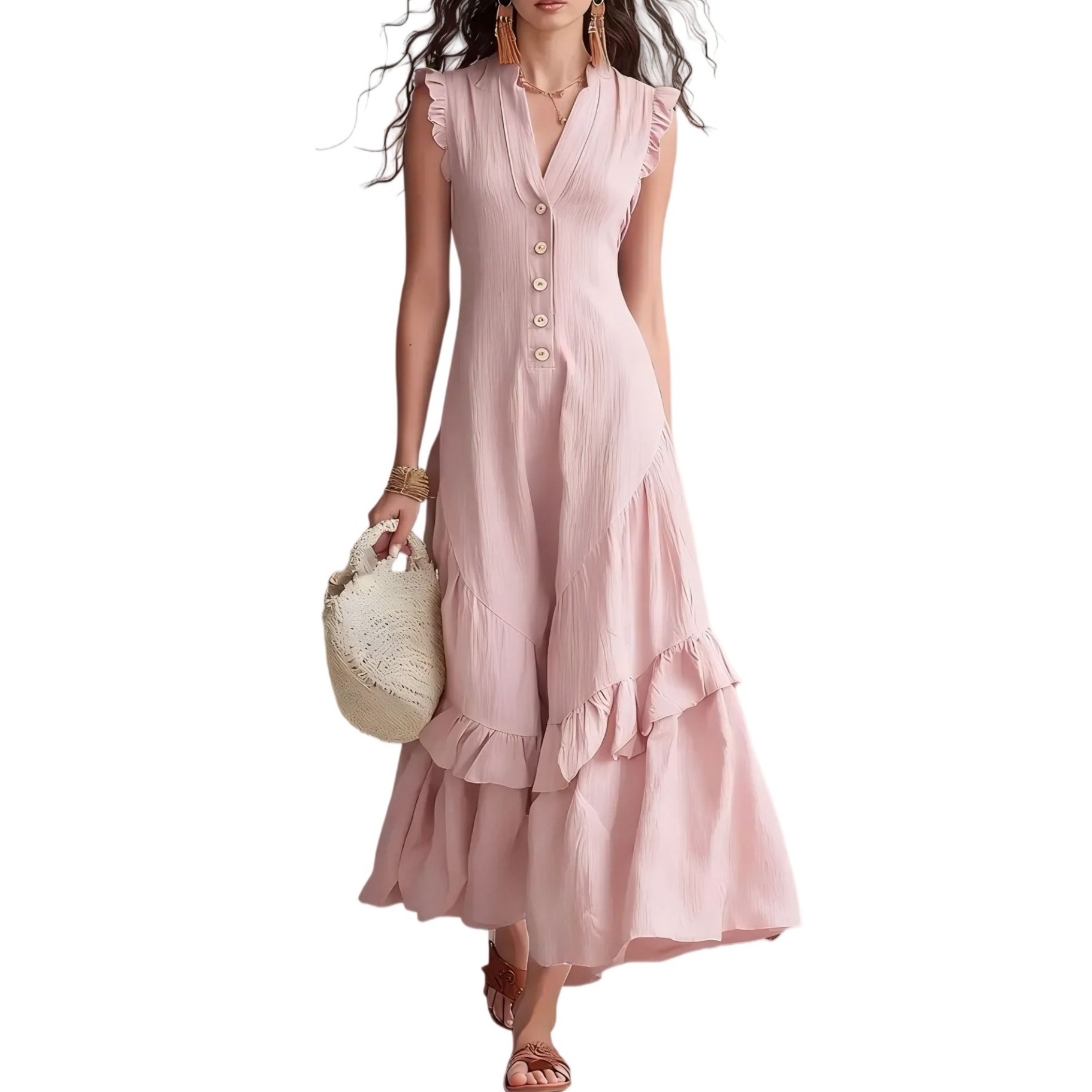 Boho Flowy Sleeveless Maxi Dress V-Neck Button-Front Ruffle Hem A-Line Skirt